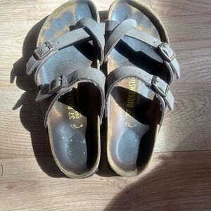 Birkenstock Brown Two-Strap Sandals with Metal Buckles